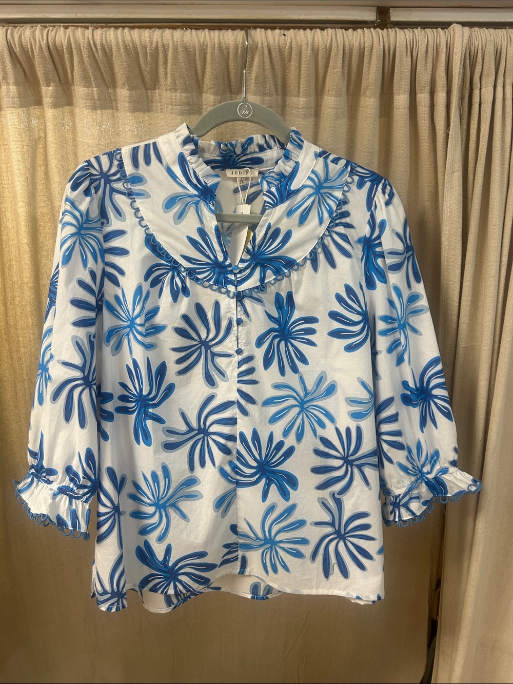 Jodifl White Blouse with Blue Print and Ruffled Collar